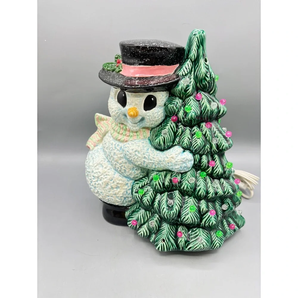 Ceramic Snowman Hugging Christmas Tree Light Up Decoration Holiday Decor‎